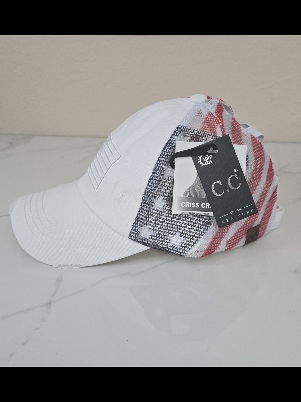 C.C American Flag Mesh Baseball Trucker Hat - White & Red